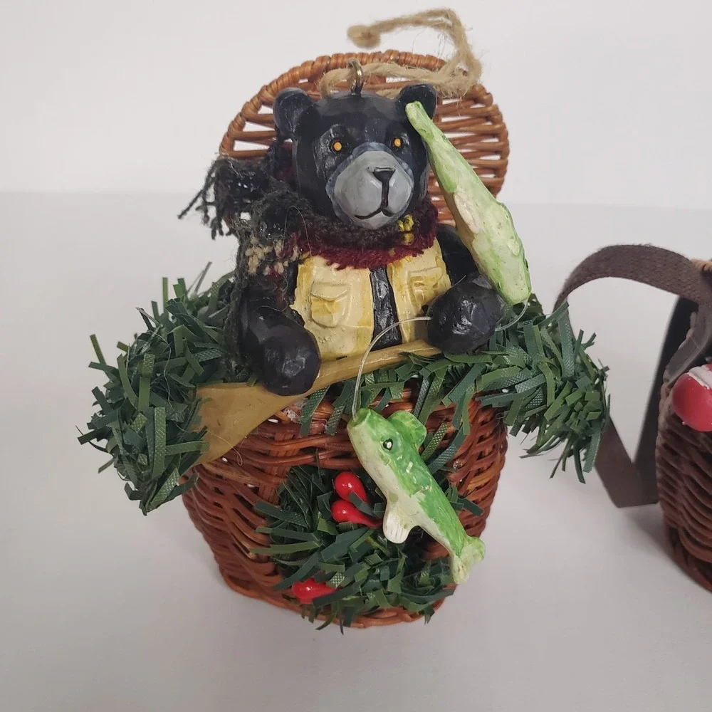 Christmas Tree Ornament Basket  Fishing Bear Fisherman Fish Theme Lot  Of 2